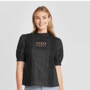 Women's Puff Elbow Sleeve Eyelet Blouse